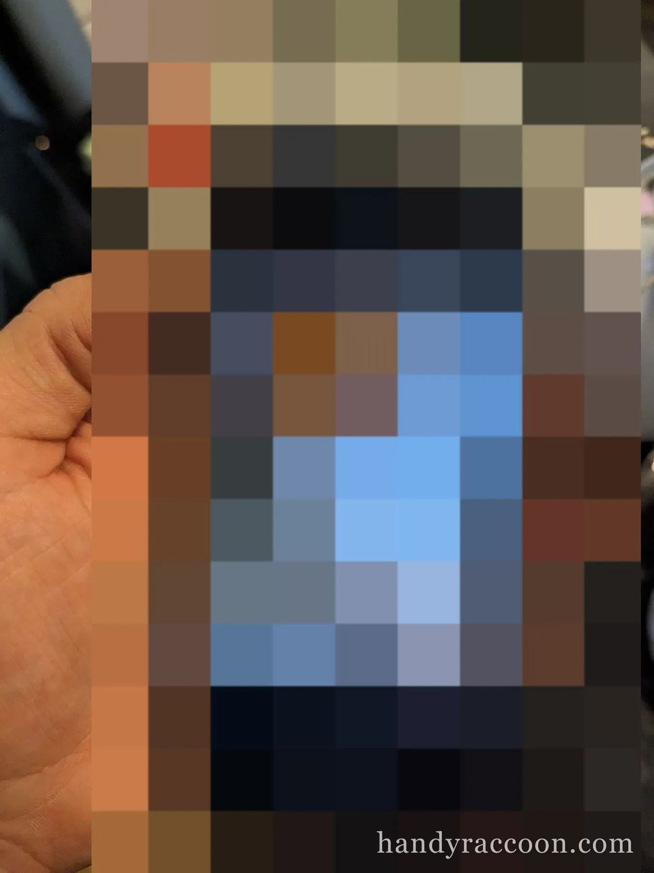 A phone held in hand showing a photo of a wood loft ladder beside white cube shelving.