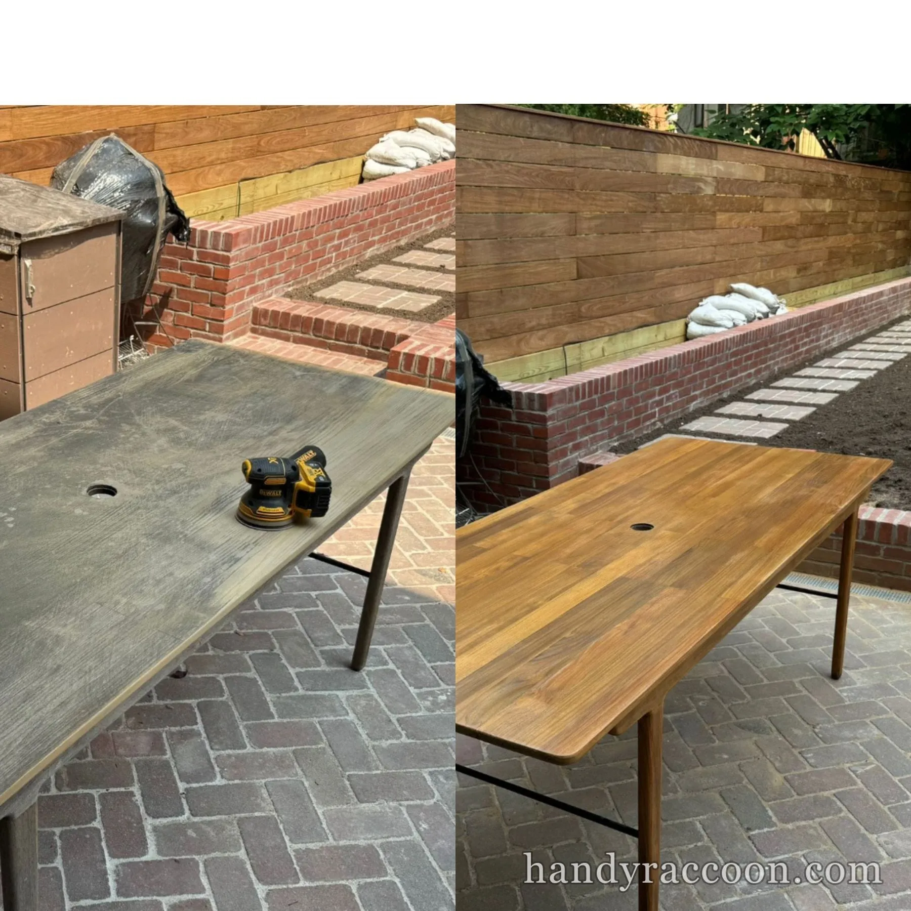 Before and after split image of an outdoor wood dining table, gray and worn then refinished.