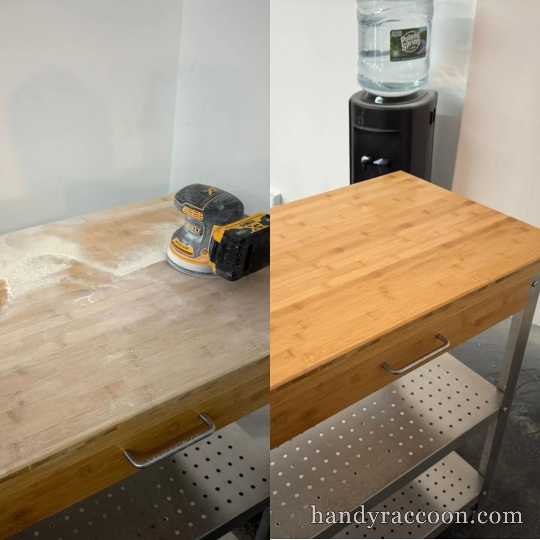 Split before and after photo of a bamboo butcher block top, sanded with an orbital sander then finished smooth and clean.