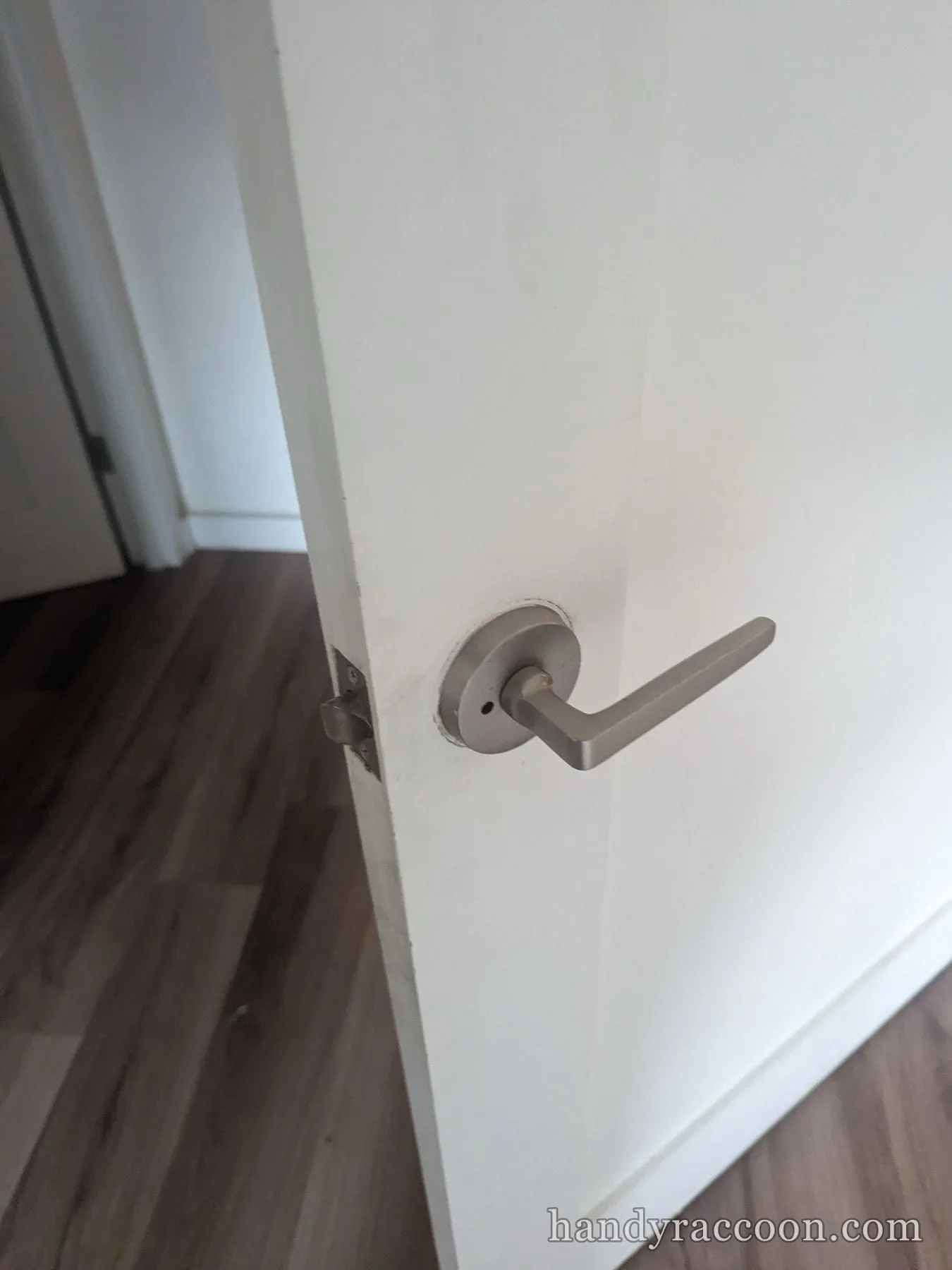 White interior door with a satin nickel lever handle and the latch bolt visible on the edge.