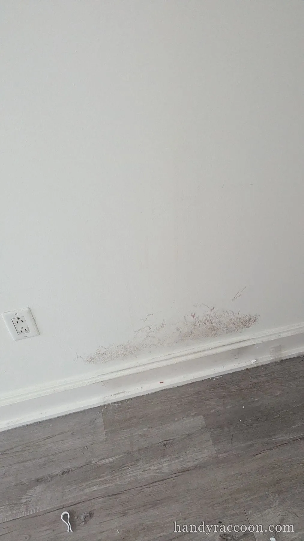 White wall with a reddish brown stain and scuff marks near the baseboard and wood floor.