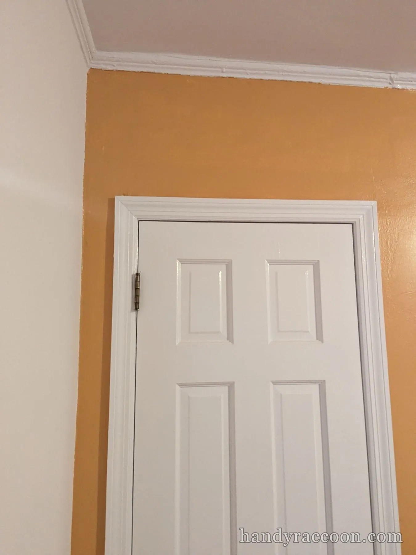 Close view of a white paneled door and white trim against a freshly painted ochre wall.