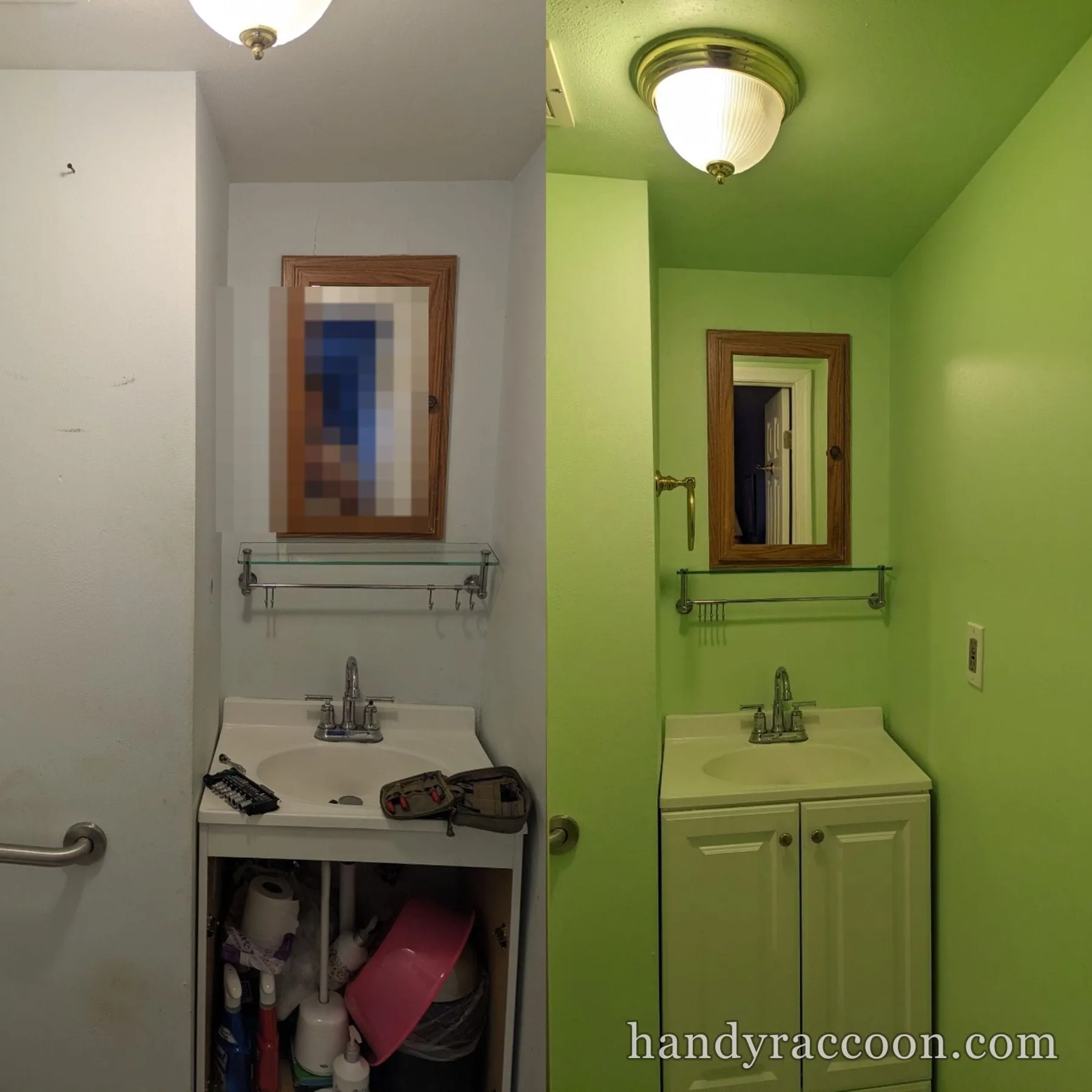 Before and after of a small bathroom repainted from white to bright green with a new white vanity cabinet.